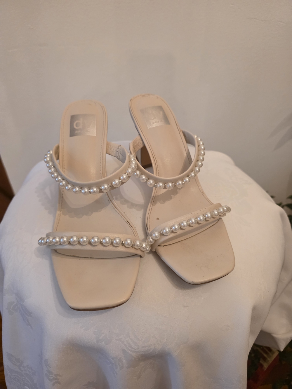 Dolce Vita Pearl-Trim Cream Slide Heels